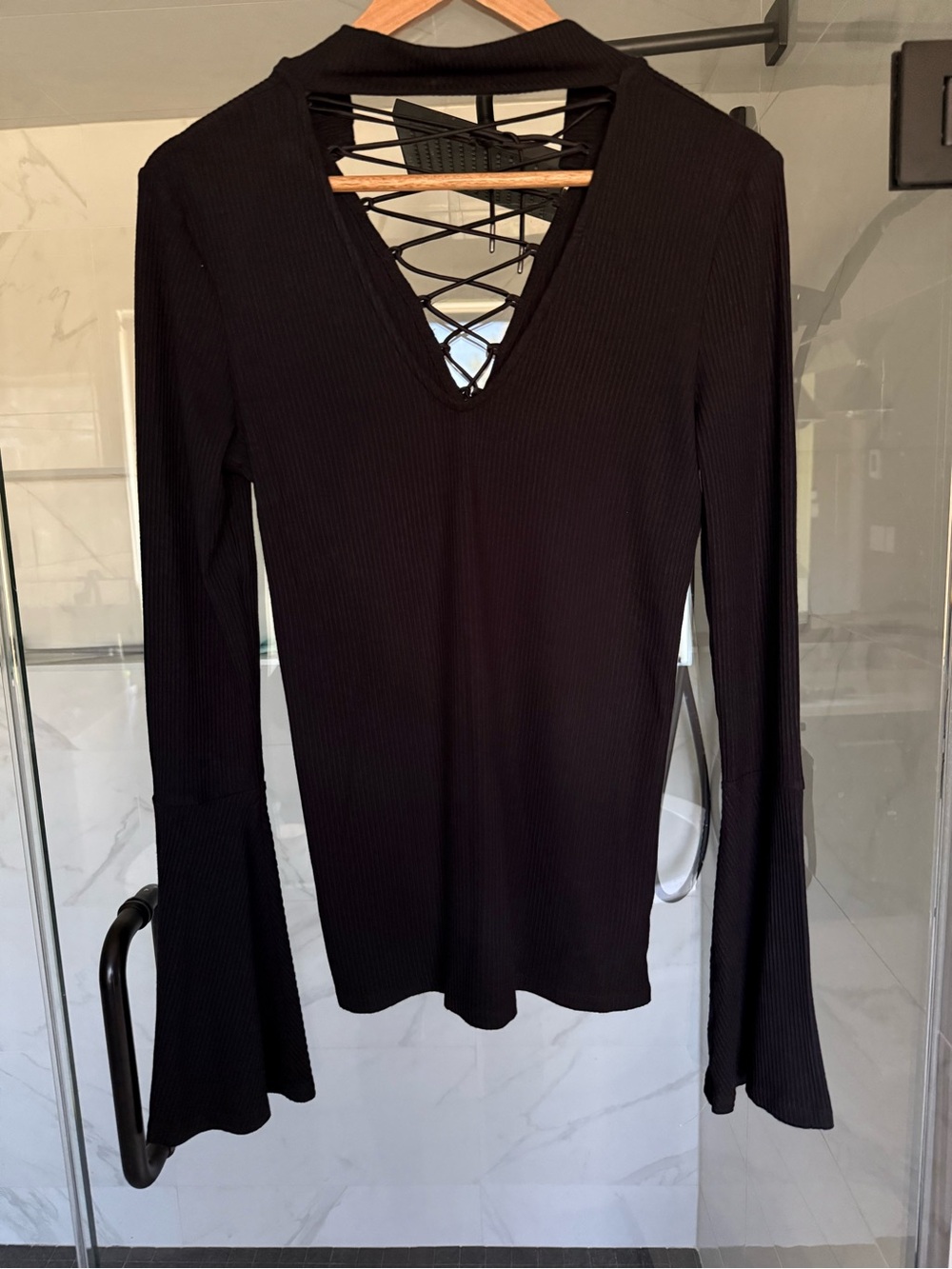 PAIGE women’s black ribbed Top , trumped sleeves V neck/ and lace up back.
